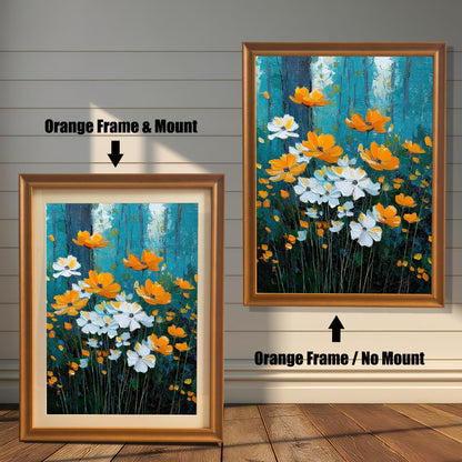 White/Orange Floral	Impressionistic painting of white and orange flowers against a dark teal/blue forest background, shown in two Orange wood frames. The left image is framed with a white mat/mount, and the right image is framed without a mat.