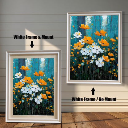 White/Orange Floral	Impressionistic painting of white and orange flowers against a dark teal/blue forest background, shown in two White frames. The left image is framed with a white mat/mount, and the right image is framed without a mat.