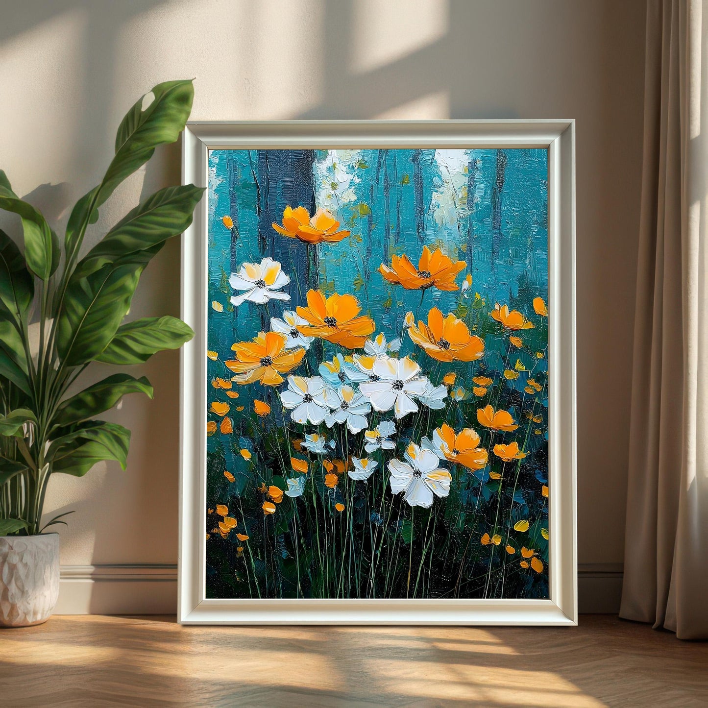 White/Orange Floral	Impressionistic painting of white and orange flowers in a White frame leaning on a wooden floor against a beige wall, next to a tall potted green plant.