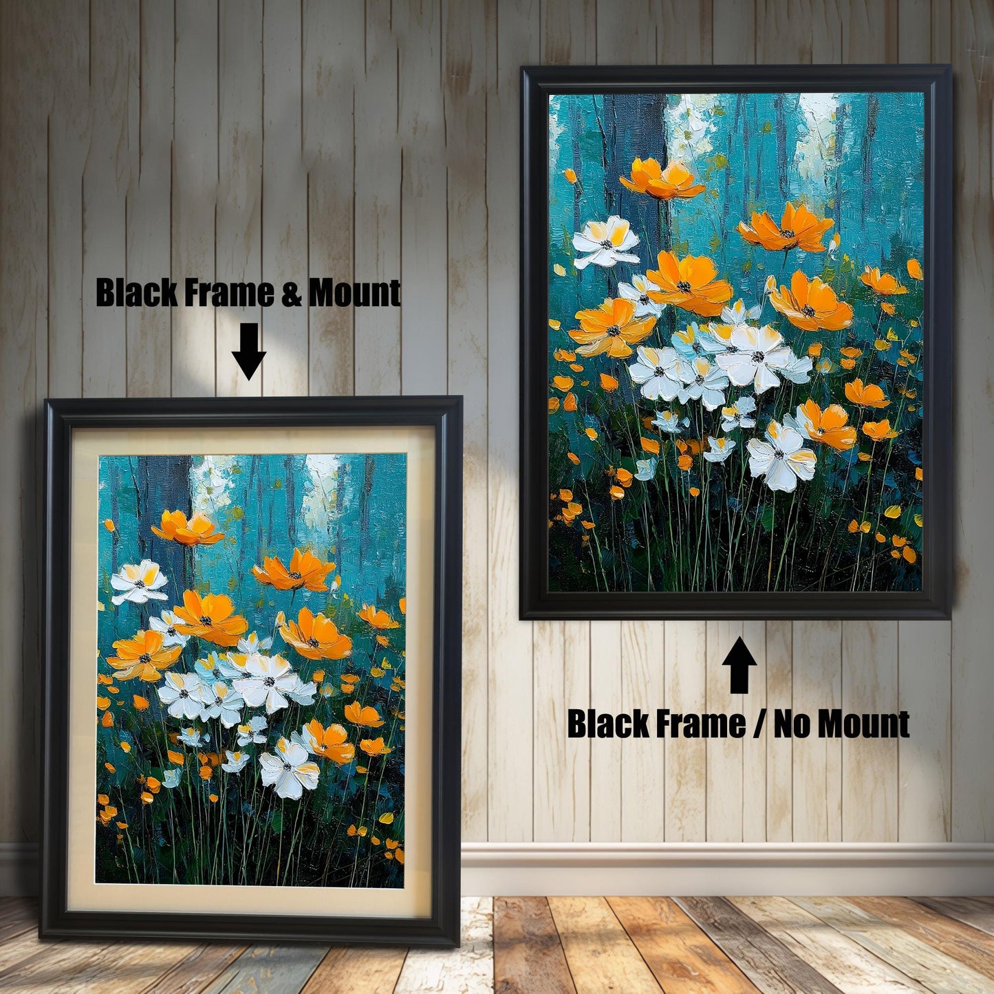 Two images of the impressionistic white and orange floral painting in Black frames. The left image shows the frame with a mat/mount, and the right shows it without, against a white wooden plank wall.
