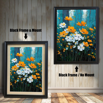 Two images of the impressionistic white and orange floral painting in Black frames. The left image shows the frame with a mat/mount, and the right shows it without, against a white wooden plank wall.