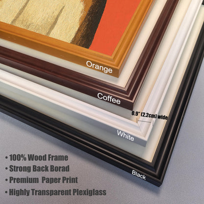 Close-up photo showing corners of four different wood frames stacked: Orange, Coffee, White, and Black. Text indicates the frames are 0.9" (2.2cm) wide and details features like 100% Wood Frame and Highly Transparent Plexiglass.