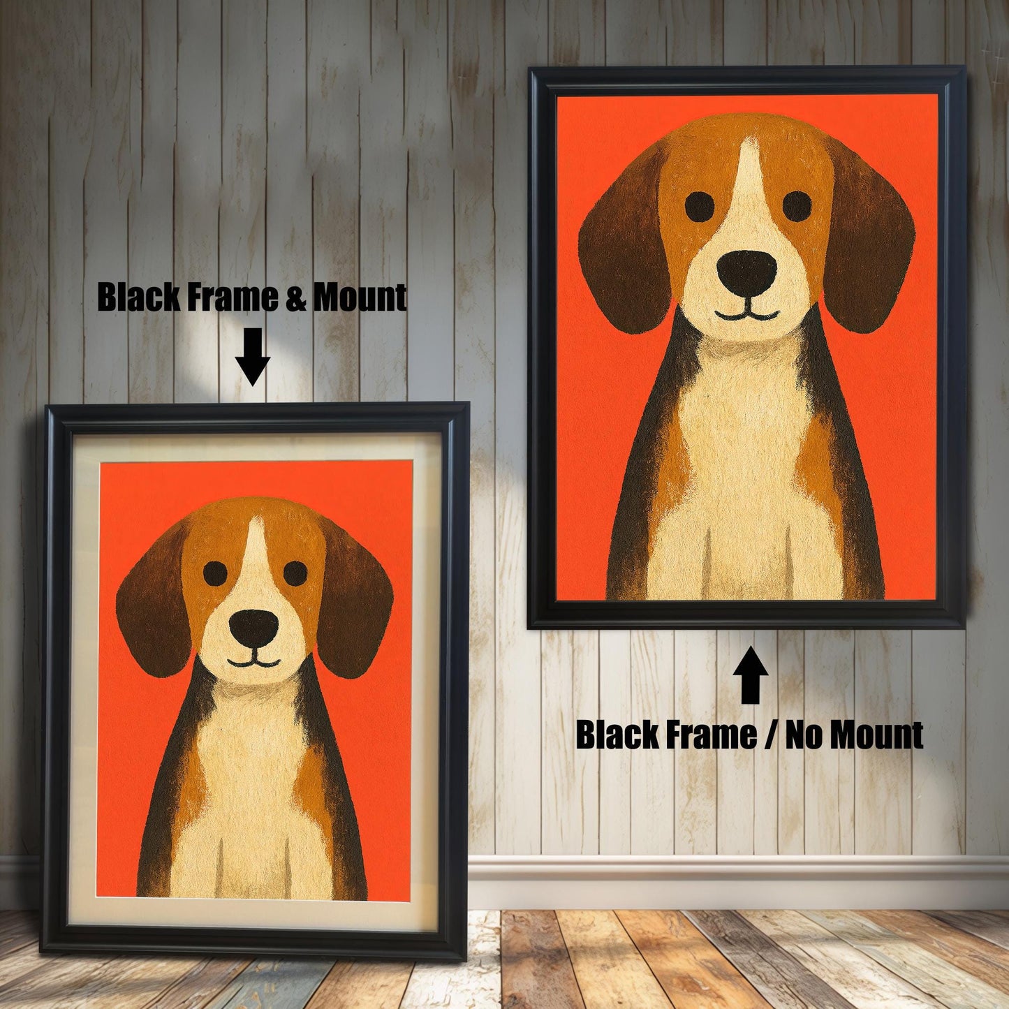 Beagle dog art print on an orange background shown in two Black frames. The left image is framed with a white mat/mount, and the right image is framed without a mat.