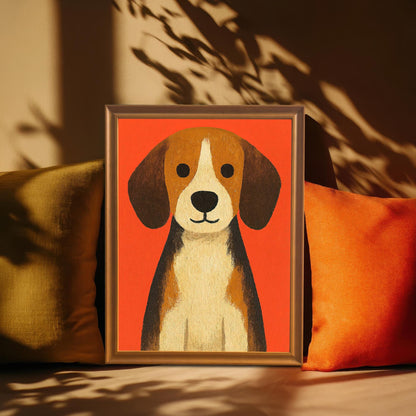 Beagle dog art print in a Coffee frame resting between a yellow and an orange cushion, with shadows cast across the wall behind it.