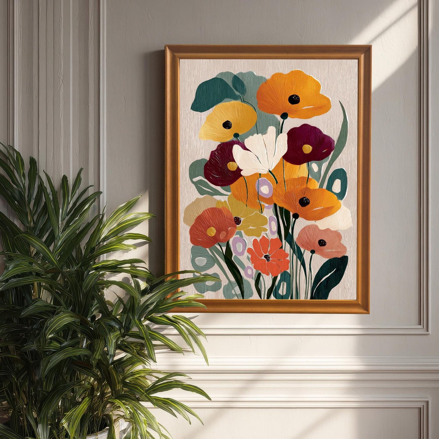 Abstract floral art print in an orange/light brown frame hanging on a light gray wainscoted wall, next to a large potted green plant.