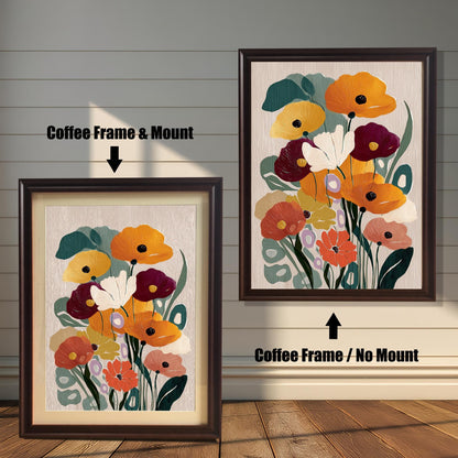 Abstract floral art print shown in two coffee (dark brown) wood frames. The lower framed image includes a white mat/mount, while the one on the wall is framed without a mat.