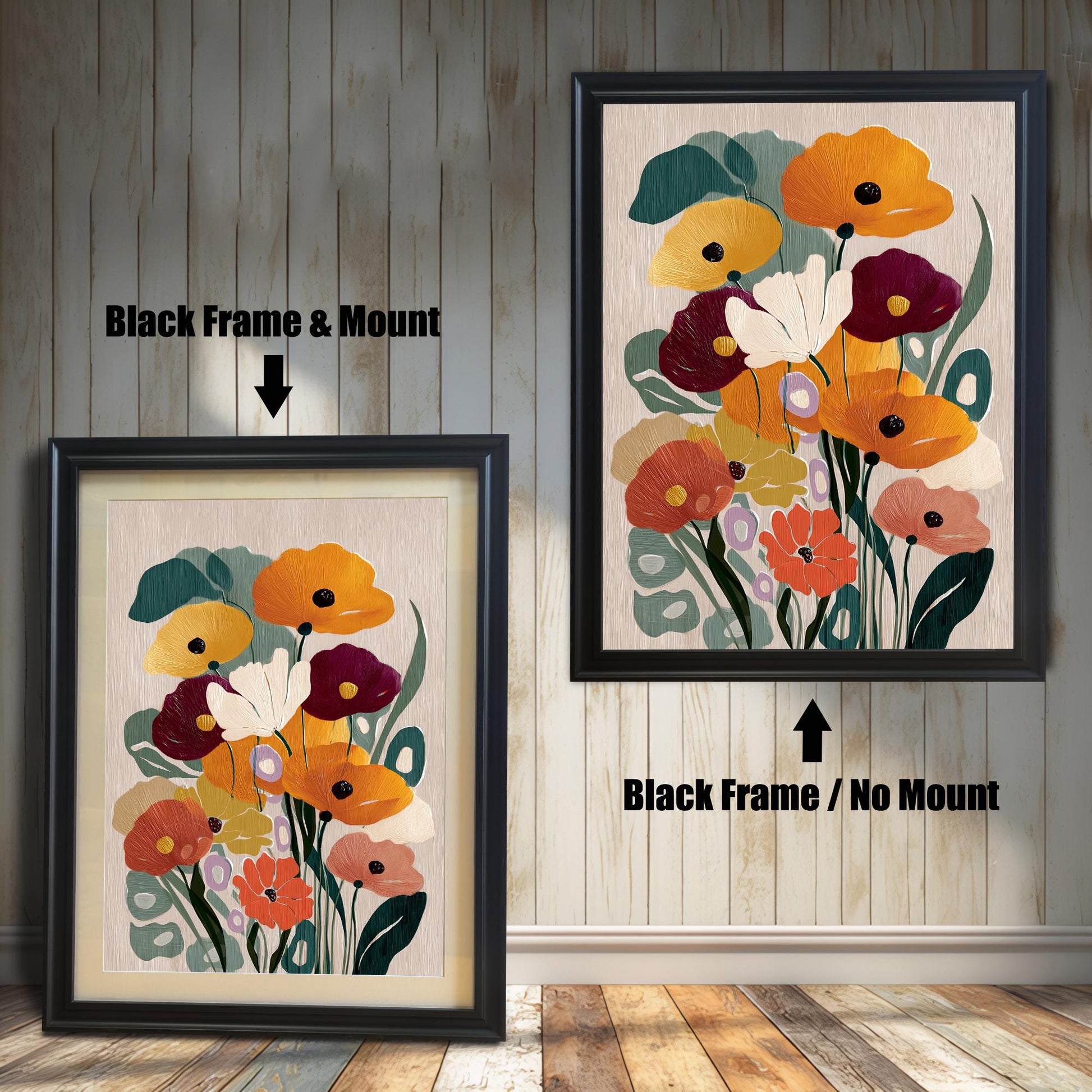 Abstract floral art print shown in two black wood frames. The lower framed image includes a white mat/mount, while the one on the wall is framed without a mat.
