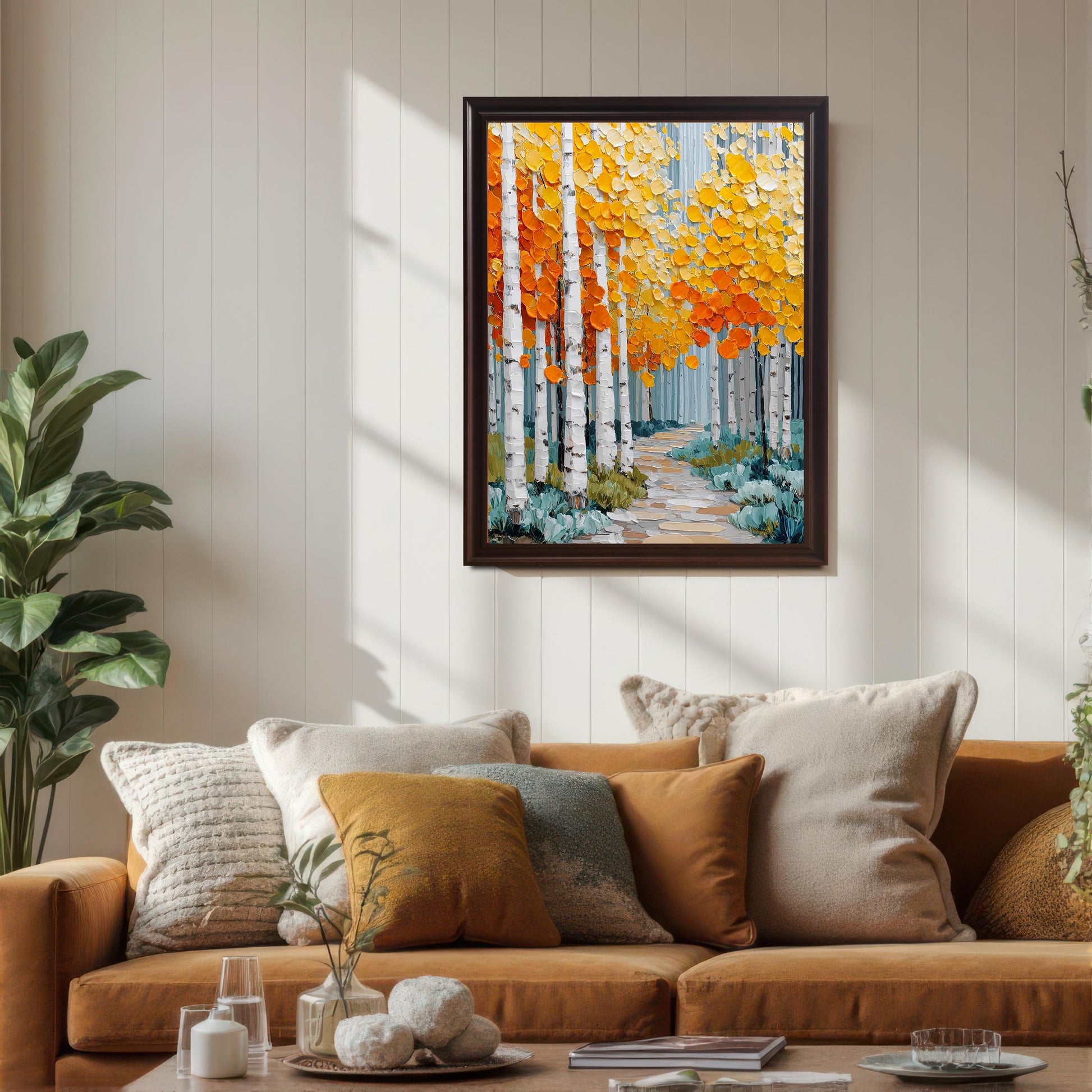 A framed print of an aspen forest with bright orange and yellow leaves hanging above a mustard-colored sofa in a bright living room. The frame is a dark brown (Coffee) color. Sunlight casts strong shadows across the white paneled wall.