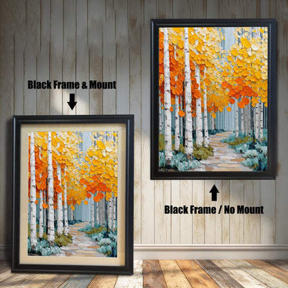 Two versions of an impasto oil painting print of an aspen forest with vibrant orange and yellow leaves, set against a rustic wooden wall. The left print has a black frame and a visible beige mount (mat), while the right print has a black frame with no mount.