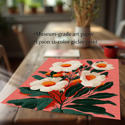 A close-up of the floral print lying flat on a wooden table in a brightly lit room. Text next to the print highlights the print quality: Museum-grade art paper and Epson 12-color giclee print.