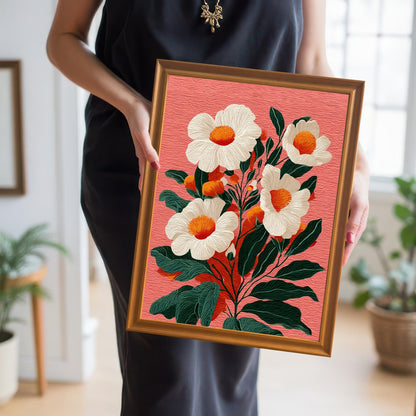 A close-up of a person in a black dress holding a framed floral print in their hands. The frame is a gold/bronze color. The art features white flowers with orange centers and green leaves on a textured salmon-pink background.