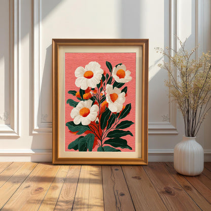 A framed floral print with a gold/bronze frame leaning on a wooden floor against a white paneled wall. A thin, dried floral arrangement in a white vase is to the right.