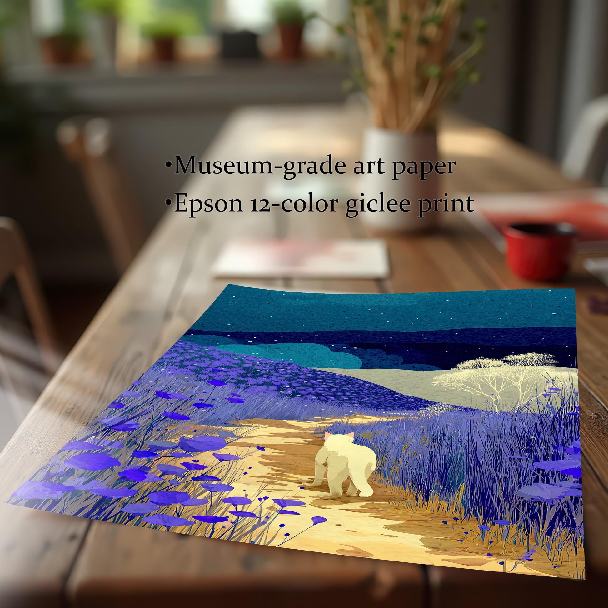 Close-up image of the corner of the night landscape art print laid flat on a wooden table. Text notes the use of Museum-grade art paper and an Epson 12-color giclee print.