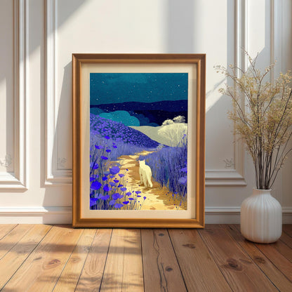 A framed night landscape art print is leaning on the floor against a white wainscoted wall. The frame is orange-gold and includes a light-colored mount. A tall white vase with dried branches sits to the right, and sunlight streams in from the left.