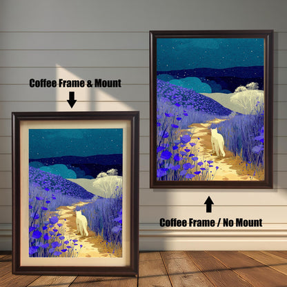 Comparison image showing two framed prints of a white cat walking on a path surrounded by purple flowers under a starry night sky. The left print has a Coffee-colored (dark brown) frame and a light-colored mount (matting), labeled "Coffee Frame & Mount." The right print has a Coffee frame with no mount, labeled "Coffee Frame / No Mount."