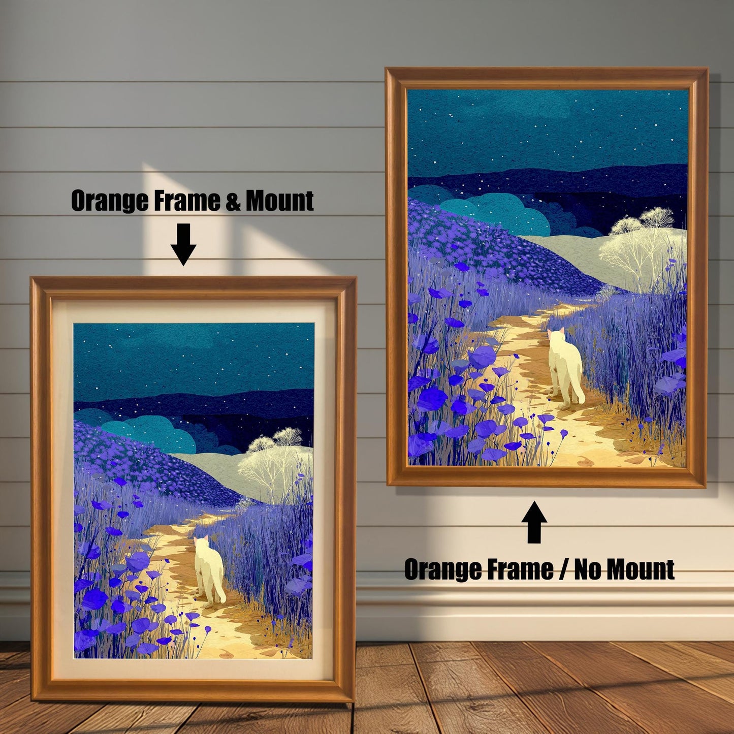 Comparison image showing two framed prints of a white cat walking on a path surrounded by purple flowers under a starry night sky. The left print has an Orange frame and a light-colored mount (matting), labeled "Orange Frame & Mount." The right print has an Orange frame with no mount, labeled "Orange Frame / No Mount."