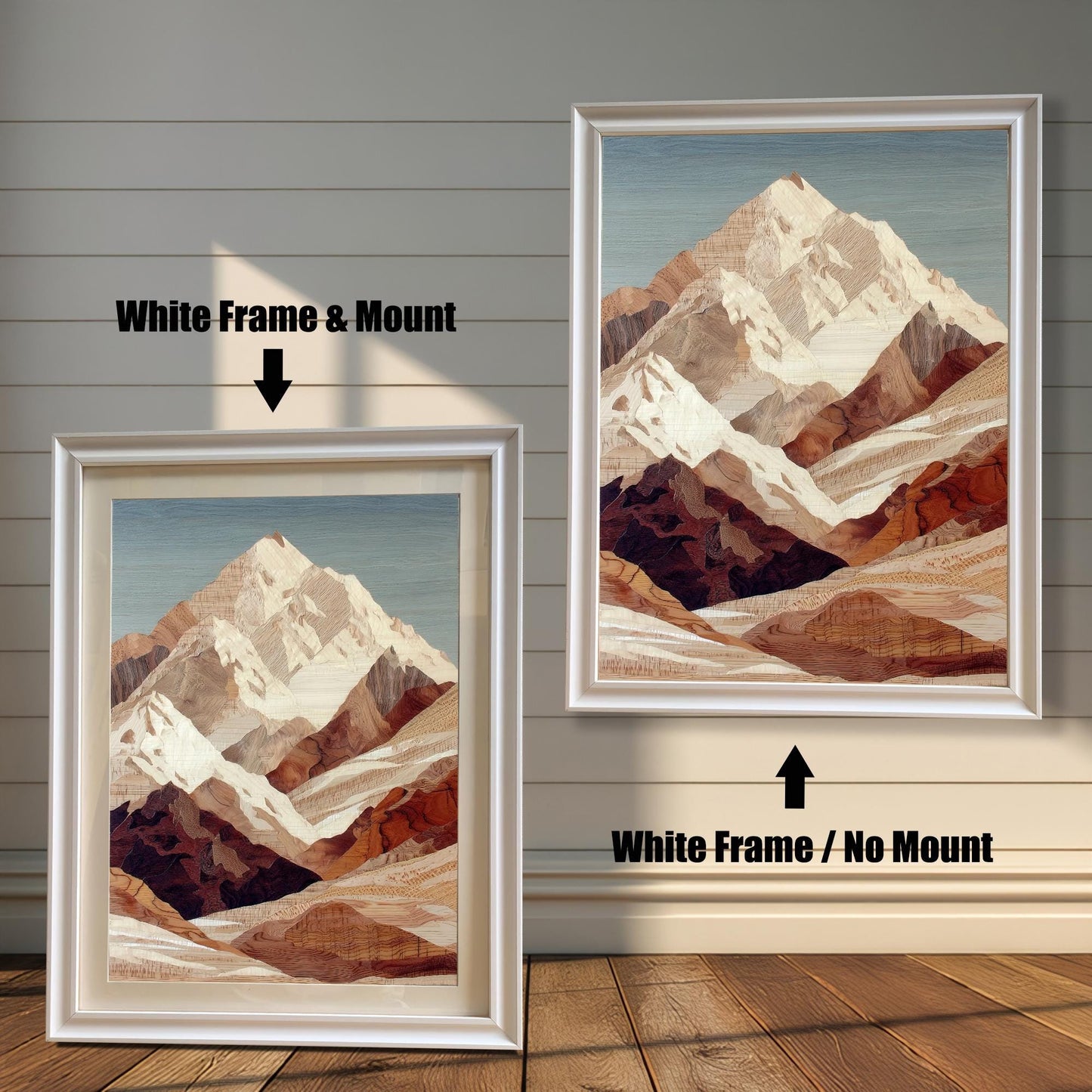 Comparison image showing two framed prints of the mountain art against a white wooden-paneled wall. The left print has a White frame and a white mount (matting), labeled "White Frame & Mount." The right print has a White frame with no mount, labeled "White Frame / No Mount."