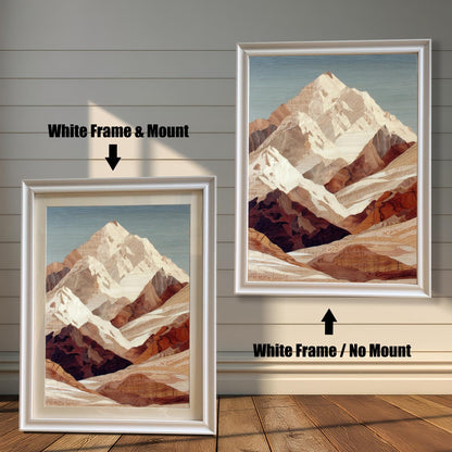 Comparison image showing two framed prints of the mountain art against a white wooden-paneled wall. The left print has a White frame and a white mount (matting), labeled "White Frame & Mount." The right print has a White frame with no mount, labeled "White Frame / No Mount."
