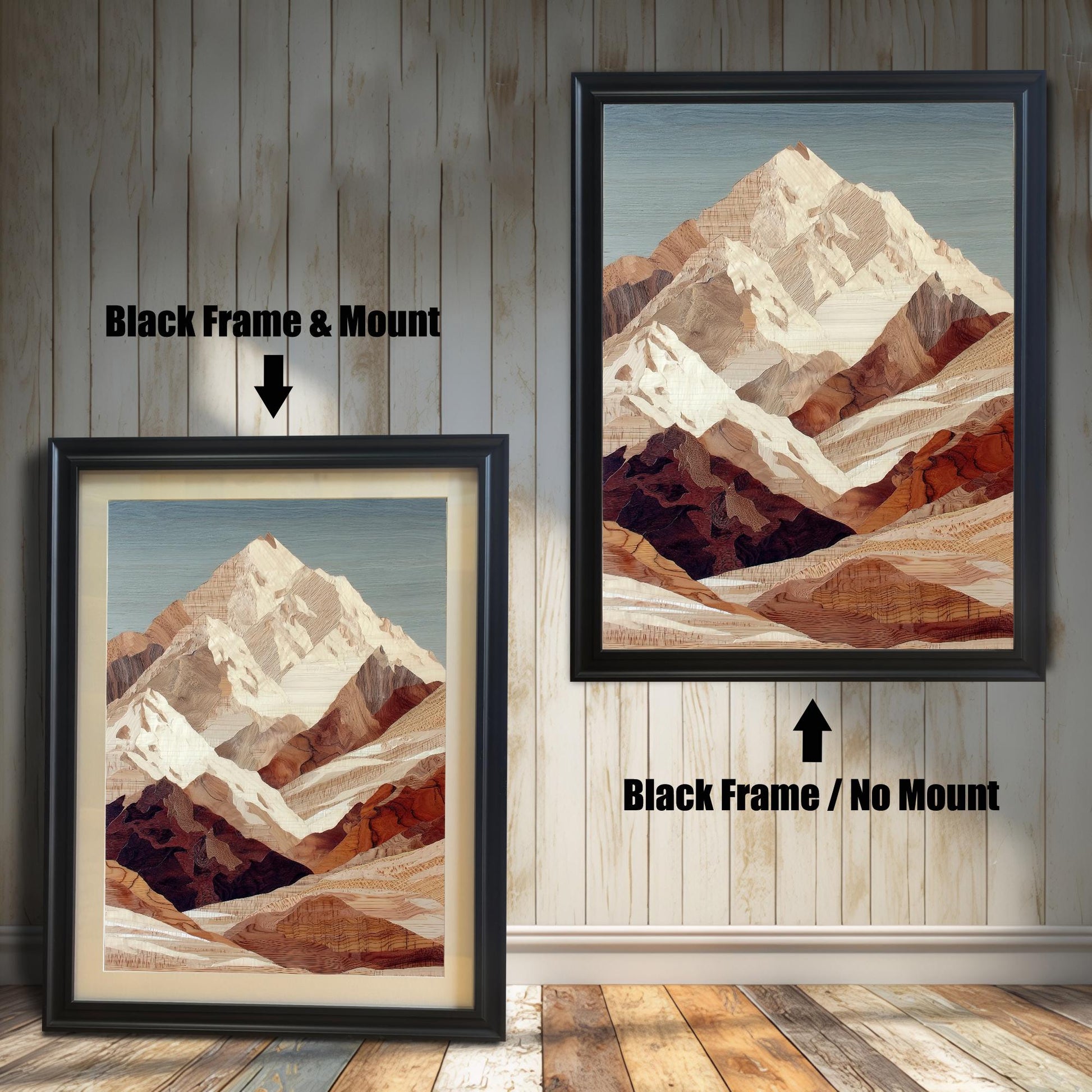 Comparison image showing two framed prints of the mountain art against a vertical wooden-paneled wall. The left print has a Black frame and a light mount (matting), labeled "Black Frame & Mount." The right print has a Black frame with no mount, labeled "Black Frame / No Mount."
