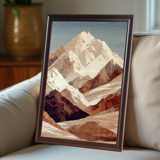 Framed print of a mountain landscape art in a wood veneer or marquetry style, with colors of white, brown, and tan. The print is leaning against a light-colored couch in a cozy, interior setting. The frame is dark brown or coffee-colored.