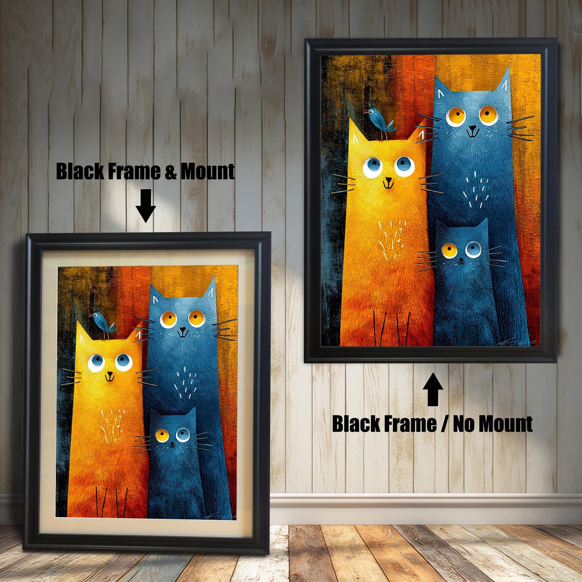 Comparison image showing two framed prints of the cat art against a wooden-paneled wall. The left print has a black frame and a cream-colored mount (matting), labeled "Black Frame & Mount." The right print has a black frame with no mount, labeled "Black Frame / No Mount."