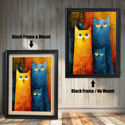 Comparison image showing two framed prints of the cat art against a wooden-paneled wall. The left print has a black frame and a cream-colored mount (matting), labeled "Black Frame & Mount." The right print has a black frame with no mount, labeled "Black Frame / No Mount."
