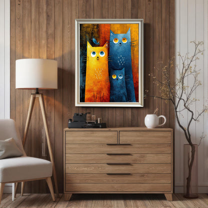Framed print of a colorful, stylized painting of a family of three cats (one large orange cat with a small blue bird on its head, one large blue cat, and one small blue cat) hanging on a wooden paneled wall. The frame is a thin silver or light metallic color and includes a white mount (matting). The print hangs above a light wood dresser, next to a tripod floor lamp and a decorative branch.