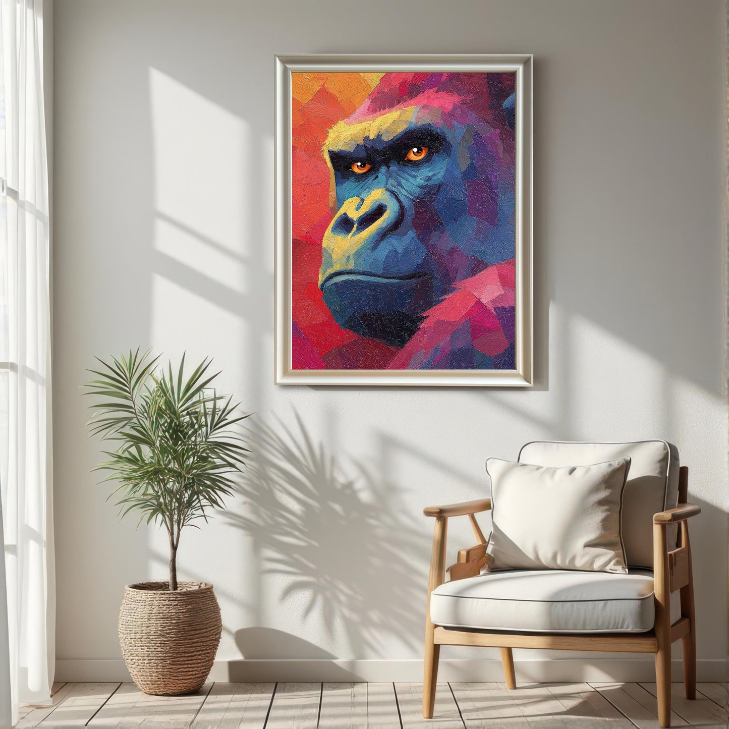 Framed, colorful, oil-painting-style print of a gorilla's face hanging on a bright white wall next to a large window. The frame is a thin silver or light metallic color. A wooden chair and a potted palm are visible below the print.