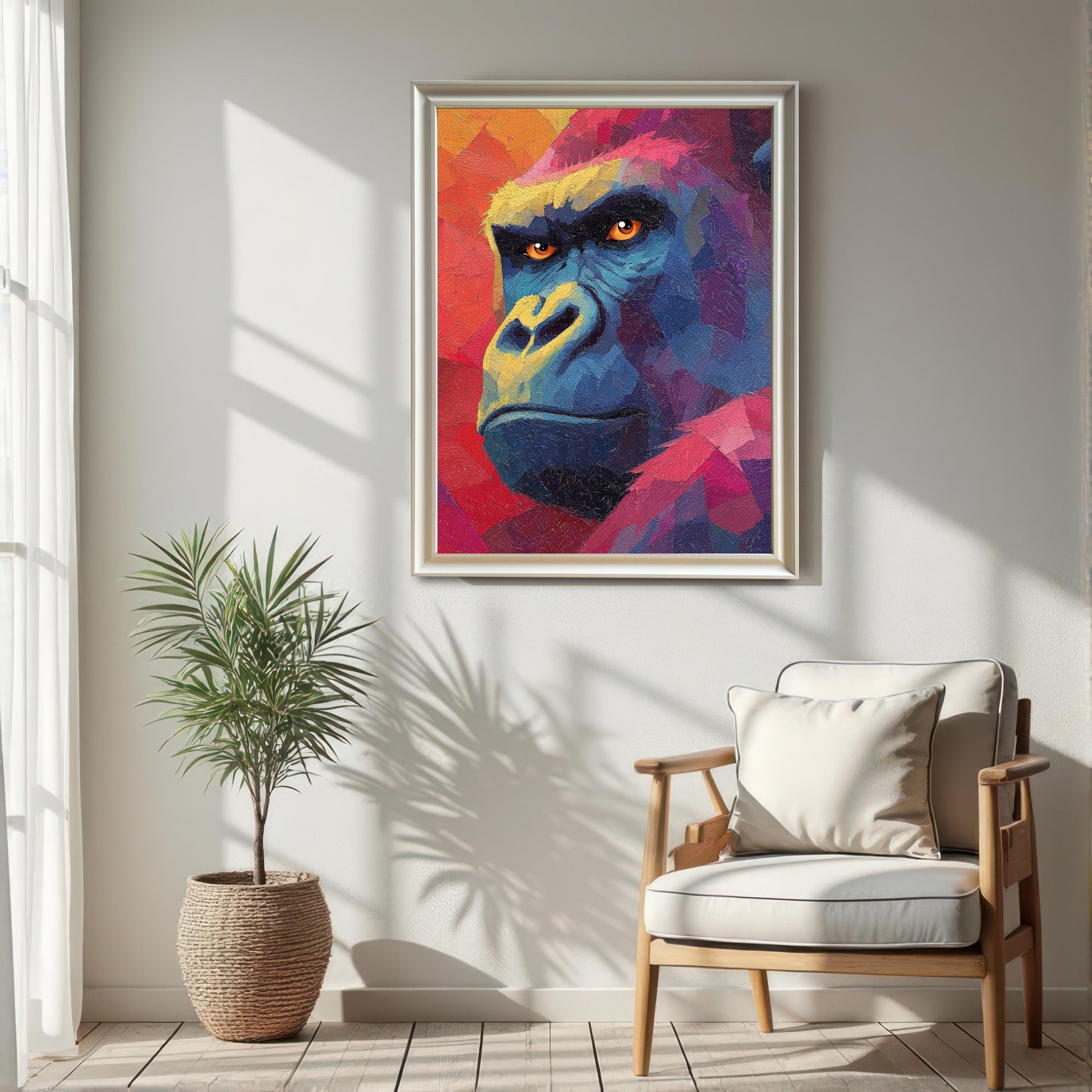 Framed, colorful, oil-painting-style print of a gorilla's face hanging on a bright white wall next to a large window. The frame is a thin silver or light metallic color. A wooden chair and a potted palm are visible below the print.