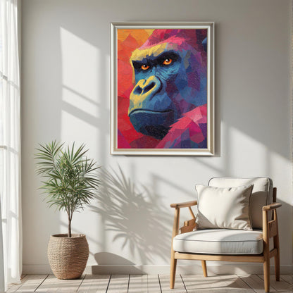 Framed, colorful, oil-painting-style print of a gorilla's face hanging on a bright white wall next to a large window. The frame is a thin silver or light metallic color. A wooden chair and a potted palm are visible below the print.
