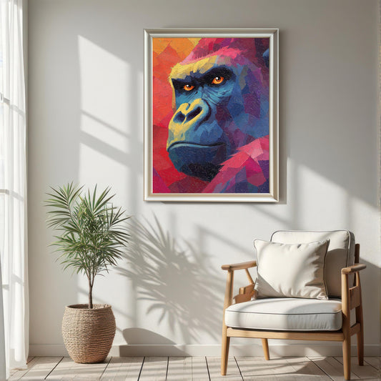 Framed, colorful, oil-painting-style print of a gorilla's face hanging on a bright white wall next to a large window. The frame is a thin silver or light metallic color. A wooden chair and a potted palm are visible below the print.