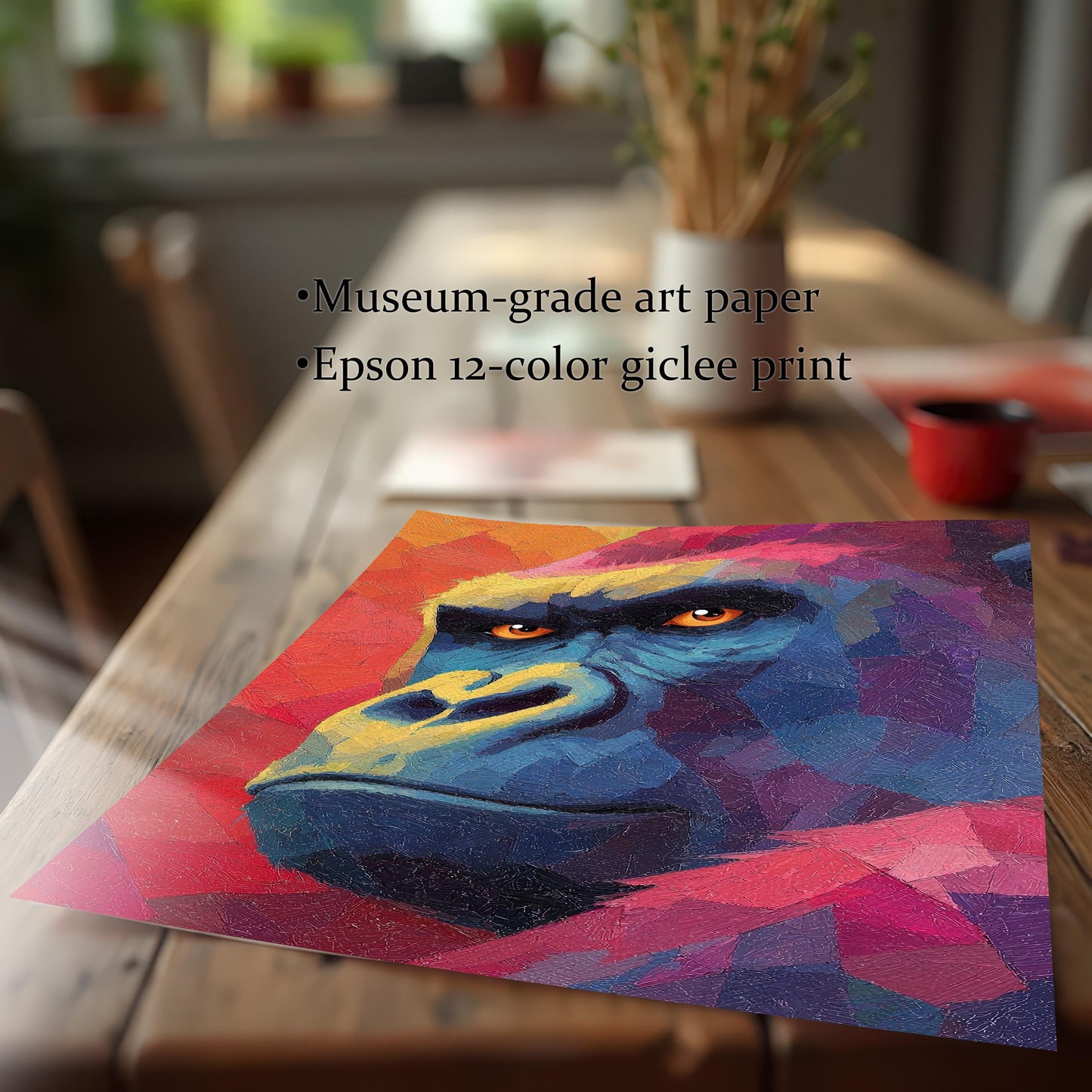 Close-up image of the corner of the gorilla art print laid flat on a wooden table, emphasizing the texture and print quality. Text notes the use of Museum-grade art paper and an Epson 12-color giclee print.