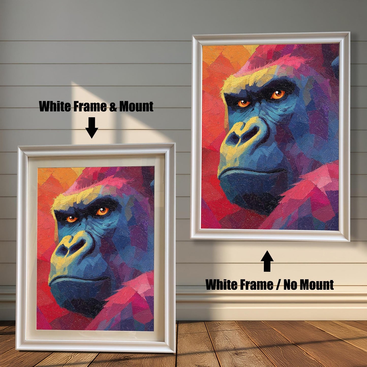 Comparison image showing two framed prints of the gorilla art against a white wooden-paneled wall. The left print has a white frame and a white mount (matting). The right print has a white frame with no mount. Arrows point to and label each option.