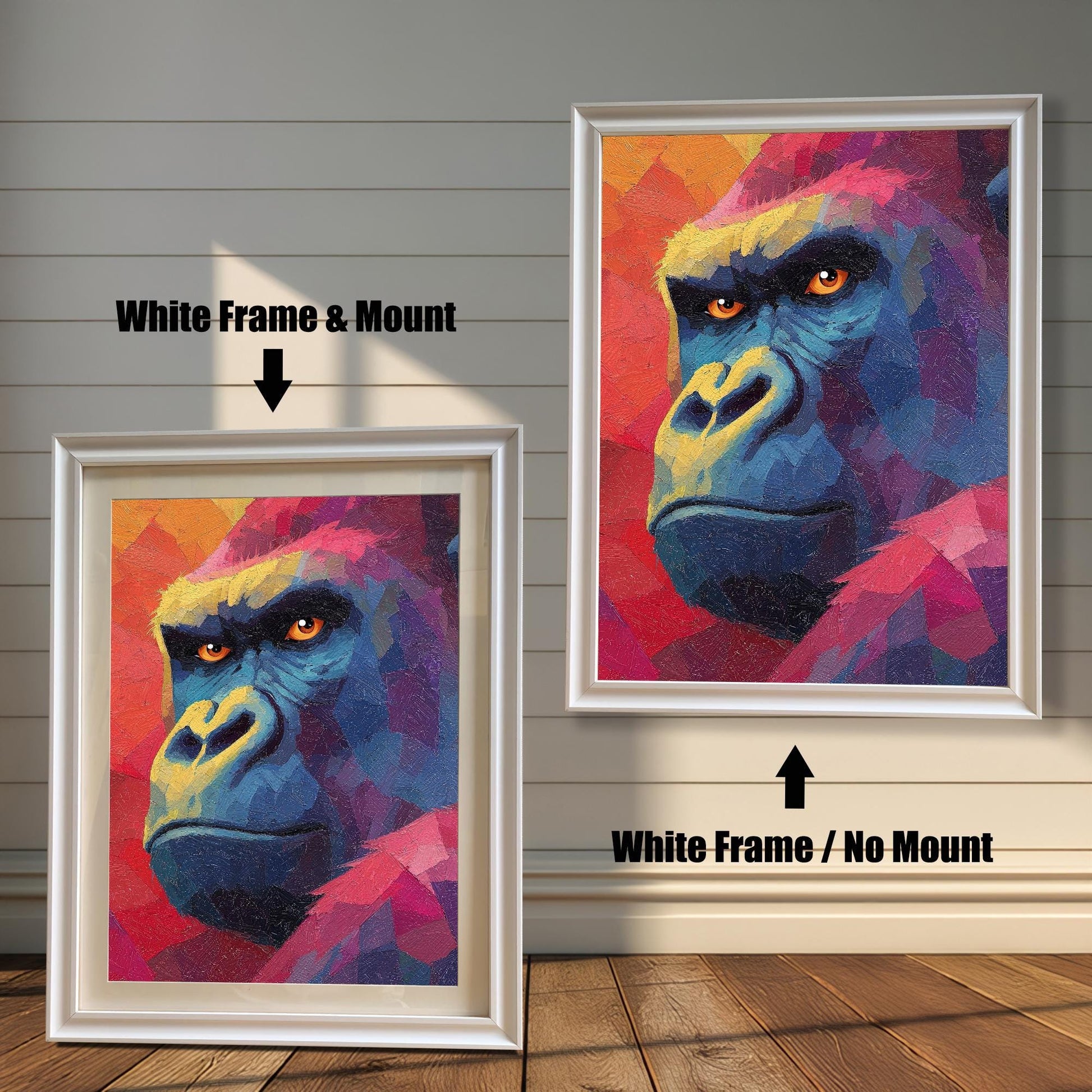 Comparison image showing two framed prints of the gorilla art against a white wooden-paneled wall. The left print has a white frame and a white mount (matting). The right print has a white frame with no mount. Arrows point to and label each option.