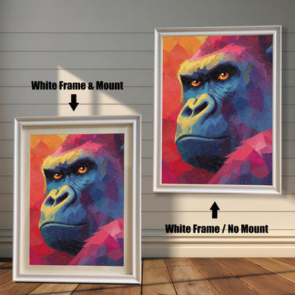 Comparison image showing two framed prints of the gorilla art against a white wooden-paneled wall. The left print has a white frame and a white mount (matting). The right print has a white frame with no mount. Arrows point to and label each option.