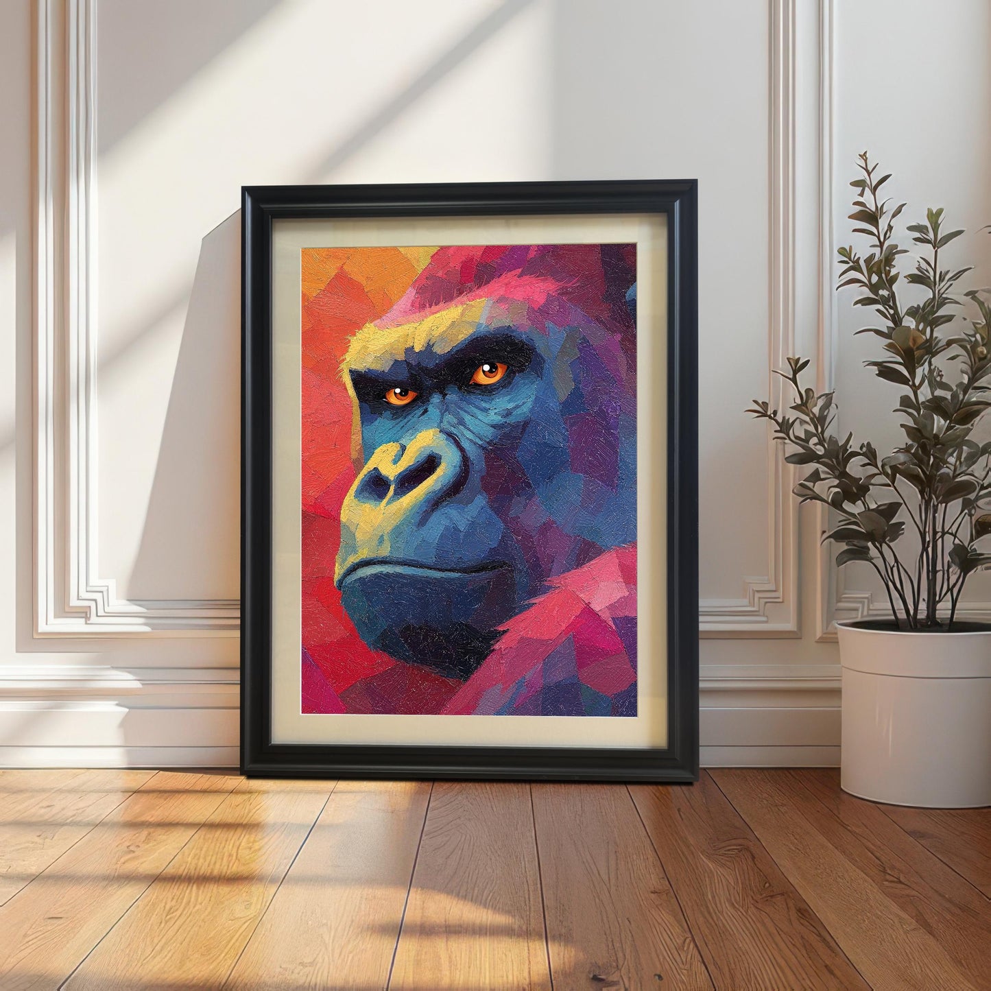A framed, vibrant, colorful oil-painting-style print of a gorilla's face, leaning against a white wainscoted wall. The frame is black and includes a cream-colored mount (matting). A potted plant in a white container sits to the right, and sunlight streams in from the left, casting a shadow.