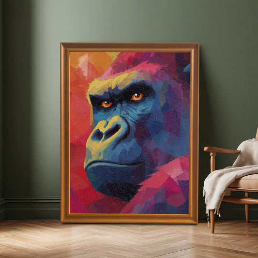 A large framed, colorful, oil-painting-style print of a gorilla's face is leaning on the floor against a dark green accent wall. The frame is orange-gold. A wooden armchair and a throw blanket are visible on the right.