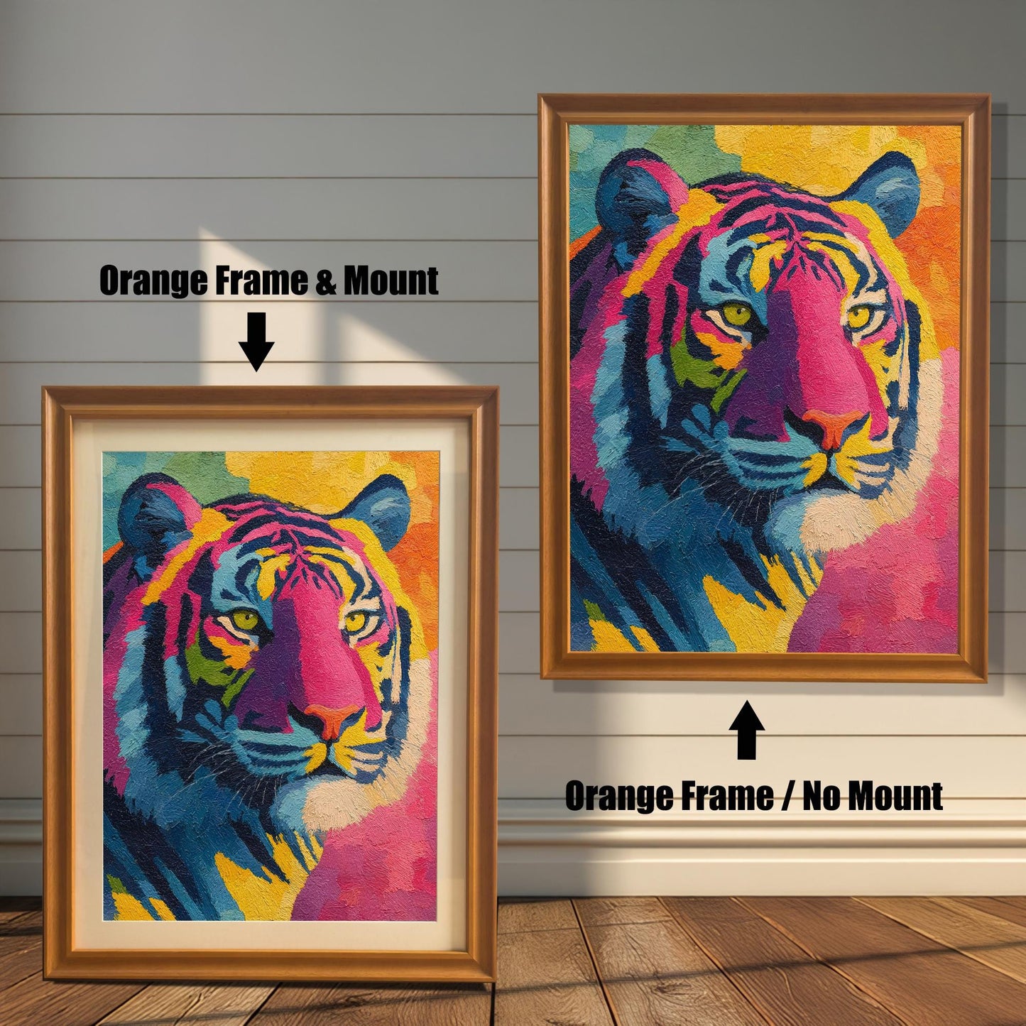 Comparison image of the tiger art print in an Orange Frame. The left shows "Orange Frame & Mount" (with matting), and the right shows "Orange Frame / No Mount" (full-bleed art).