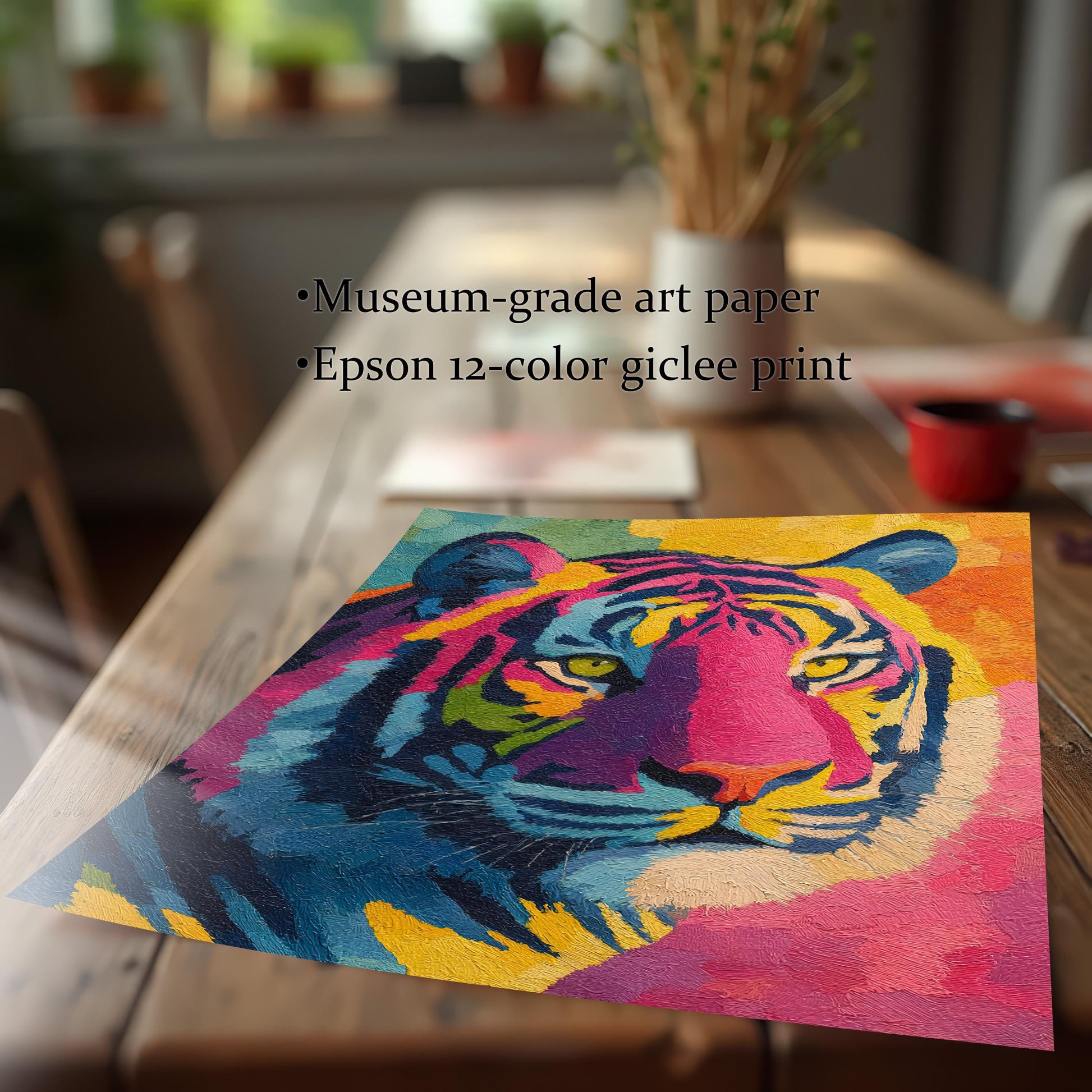 Close-up of the colorful tiger art print paper resting on a wooden table, detailing the print quality: "Museum-grade art paper" and "Epson 12-color giclee print."