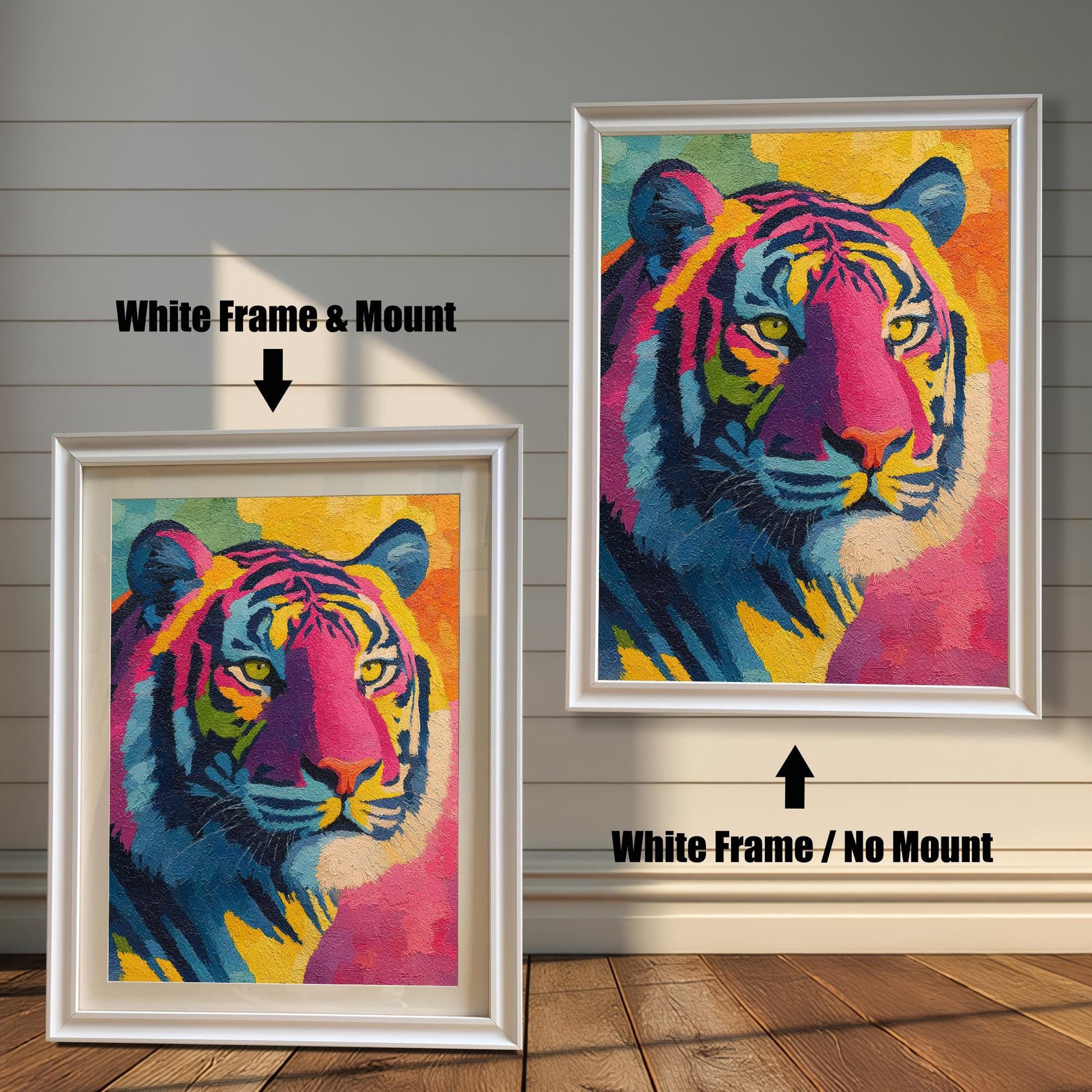 Comparison image of the tiger art print in a White Frame. The left shows "White Frame & Mount" (with matting), and the right shows "White Frame / No Mount" (full-bleed art).