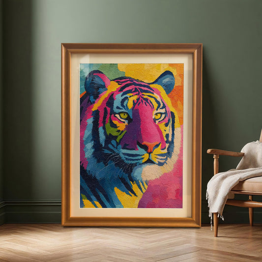 Framed art print of a bright, stylized tiger portrait in an Orange/Gold frame with a mount, leaning against a dark green wall next to a wooden armchair.