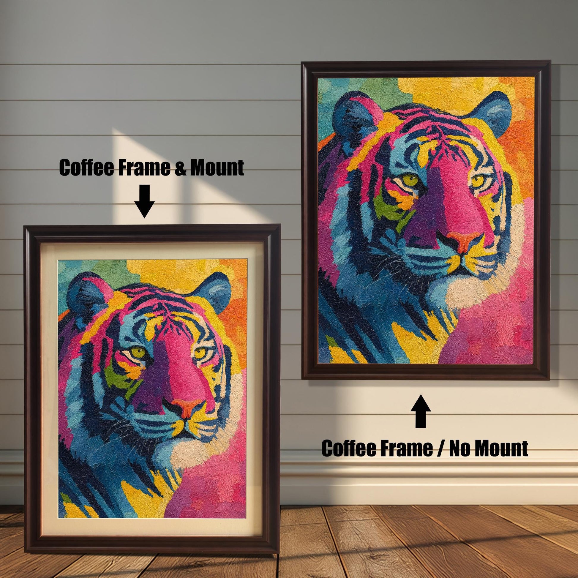 Comparison image of the vibrant tiger art print in a Coffee (dark brown) Frame. The left shows "Coffee Frame & Mount" (with matting and a light-colored mount/mat), and the right shows "Coffee Frame / No Mount" (full-bleed art).