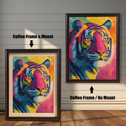 Comparison image of the vibrant tiger art print in a Coffee (dark brown) Frame. The left shows "Coffee Frame & Mount" (with matting and a light-colored mount/mat), and the right shows "Coffee Frame / No Mount" (full-bleed art).