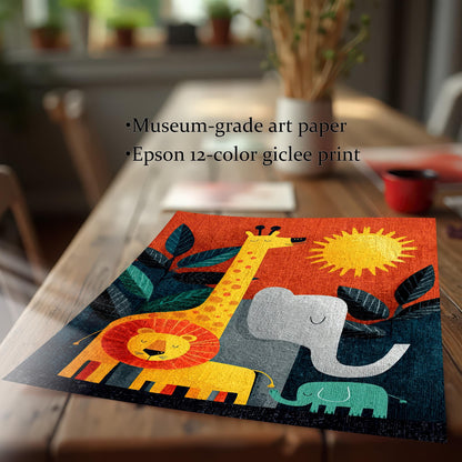 Close-up of the jungle animal art print paper resting on a wooden table, detailing the print quality: "Museum-grade art paper" and "Epson 12-color giclee print." The artwork features a stylized giraffe, lion, elephant, and baby elephant under a sun, against an orange background.