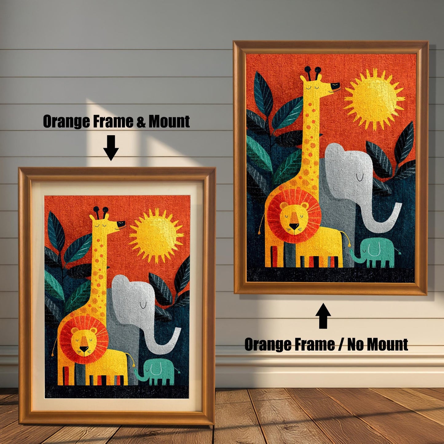 Comparison image of the jungle animal art print in an Orange Frame. The left shows "Orange Frame & Mount" (with matting), and the right shows "Orange Frame / No Mount" (full-bleed art) hanging on a white wall.