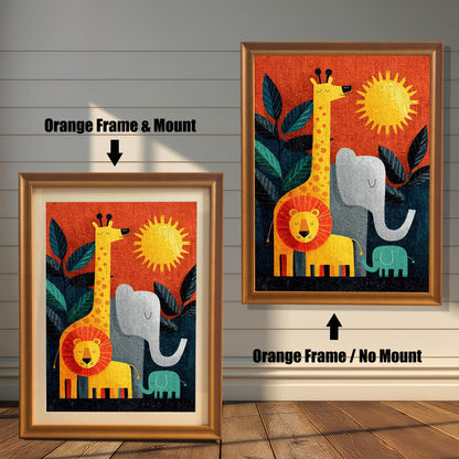 Comparison image of the jungle animal art print in an Orange Frame. The left shows "Orange Frame & Mount" (with matting), and the right shows "Orange Frame / No Mount" (full-bleed art) hanging on a white wall.