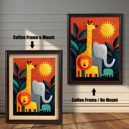 Comparison image of the jungle animal art print in a Coffee (dark brown) Frame. The left shows "Coffee Frame & Mount" (with matting), and the right shows "Coffee Frame / No Mount" (full-bleed art) hanging on a white wall.