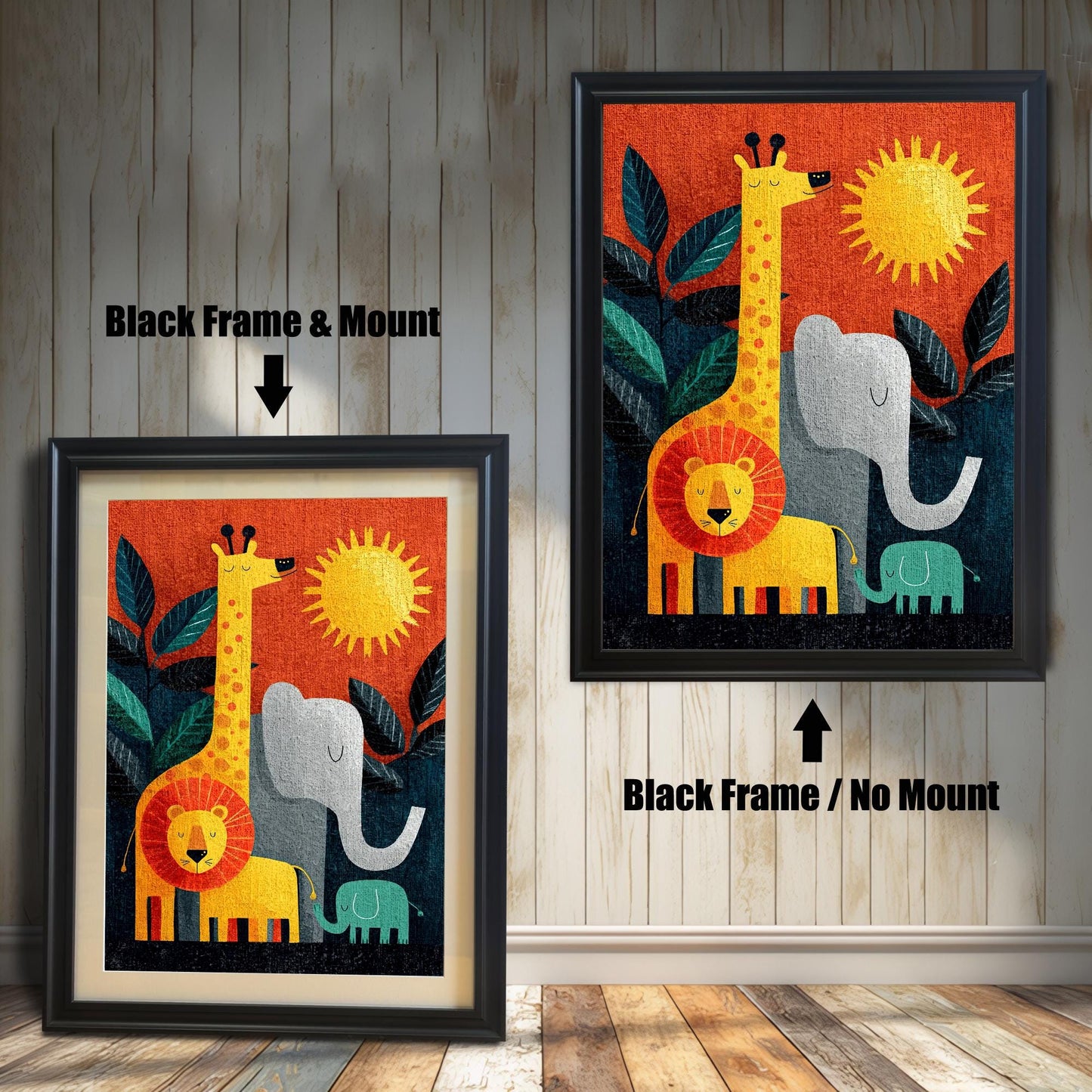 Comparison image of the jungle animal art print in a Black Frame. The left shows "Black Frame & Mount" (with matting and a light-colored mount/mat), and the right shows "Black Frame / No Mount" (full-bleed art).