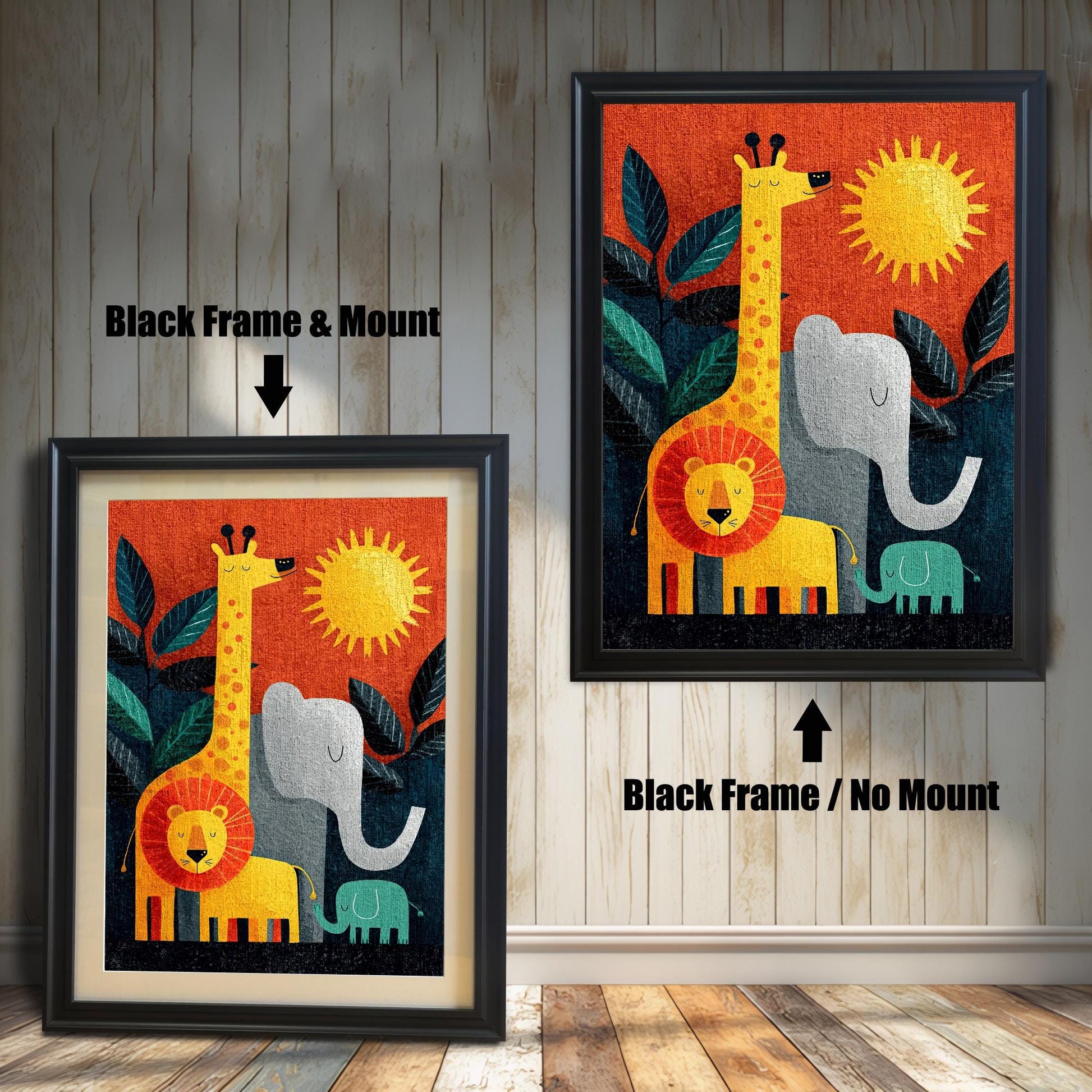 Comparison image of the jungle animal art print in a Black Frame. The left shows "Black Frame & Mount" (with matting and a light-colored mount/mat), and the right shows "Black Frame / No Mount" (full-bleed art).