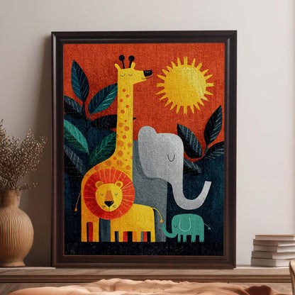 Framed jungle animal art print in a dark/black frame hanging above a large brown leather ottoman in a modern room with wood floors and decorative moldings.